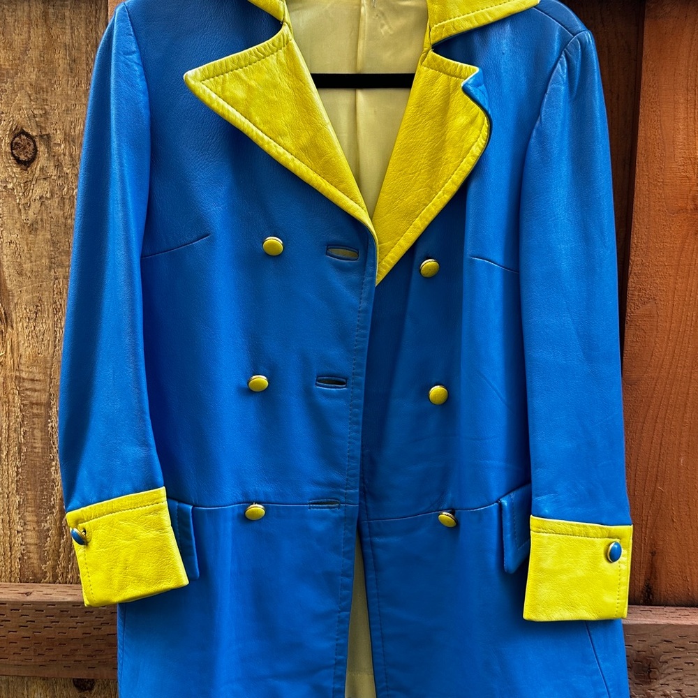 Blue & Yellow Double-Breasted 60s Vintage Women’s Leather ‘Madeline’ Coat XS